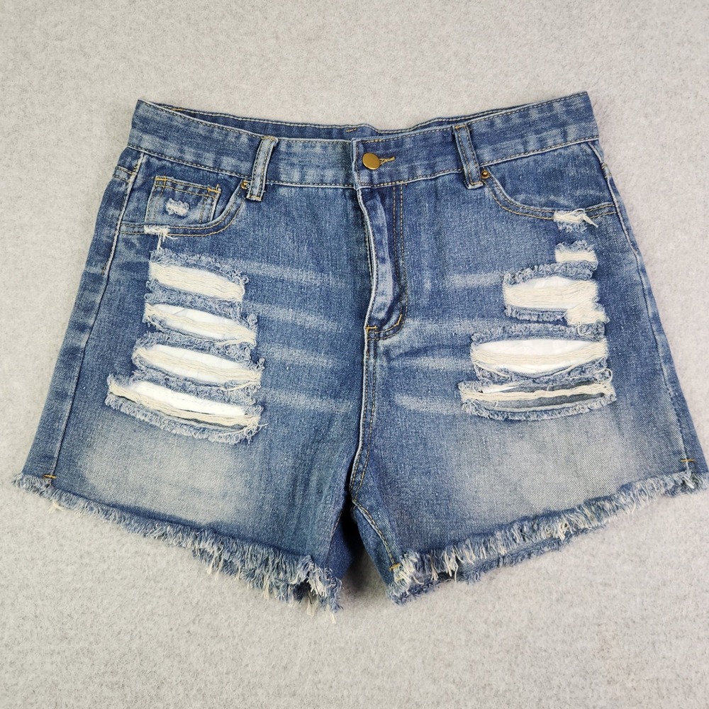 Womens Jean Shorts 51 Blue Denim Faded Stretch Distressed High Rise Raw Hem